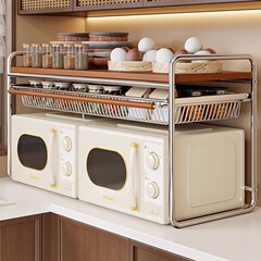 微波炉置物架台面可抽拉多功能收纳架家用厨房储物架电饭煲摆放架