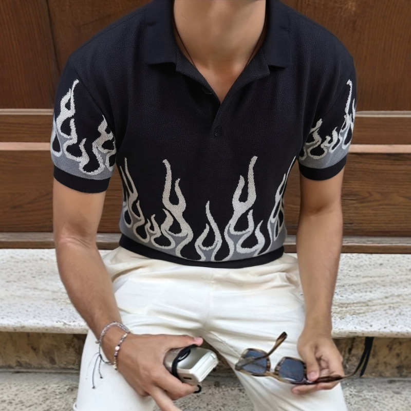 Cross-Border Amazon Aliexpress Temu Shein Independent Site Fashion Flame Pattern Polo Knit Short-Sleeve Shirt