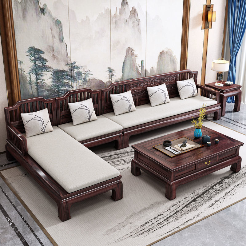✅ Solid Wood Golden Rosewood Sofa, New Chinese-Style Living Room Furniture Set, Classical Carved Pineapple Wood Chaise Lounge in Red