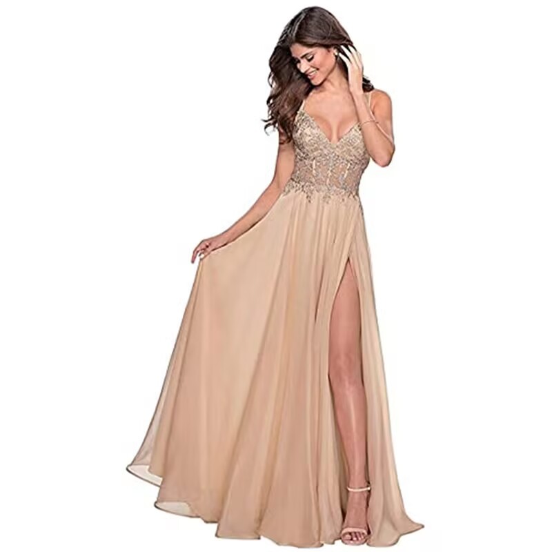 Nuevo vestido de fiesta de gasa con apliques de encaje, tirantes delgados con tirantes abiertos, vestido de noche de banquete sexy