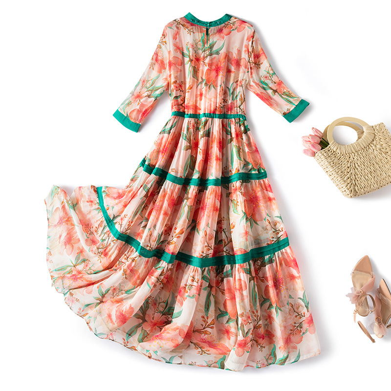 Spot Europe and the United States large size women's clothing 2021 summer sweet foreign style large size printed chiffon skirt fat mm covered meat slim dress