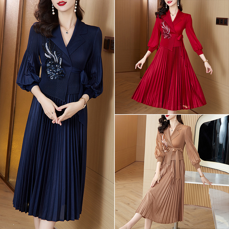 Miyake Pleated Dress 2024 Spring New Suit Collar Fashionable Mid-Length Waist Slimming Classy Pleated Skirt