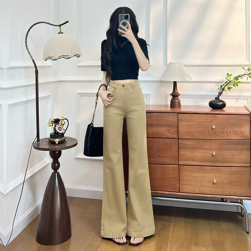 Khaki High-Waisted Slimming Trendy Loose Floor-Length Flared Jeans for Women, Autumn and Winter New Style
