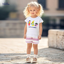 Little maven欧美风女童套装 夏季卡通条纹儿童套装 可爱宝宝童装