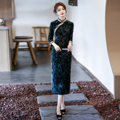 黑色国风中式长款苏州妈妈装秋季长袖旗袍2025新款女复古收腰秋冬