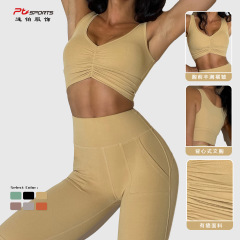Cross-border tight pleated gathers shockproof yoga bra with lifted buttocks dual-sided pockets yoga pants women's fitness suit set