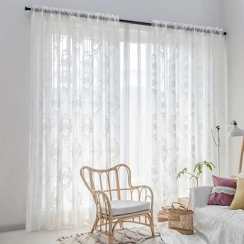 French Warp Knitted Lace Curtain Romantic European Style Living Room Balcony Window Screen Retro Embroidered Flower Mirror Finished Flower Curtain