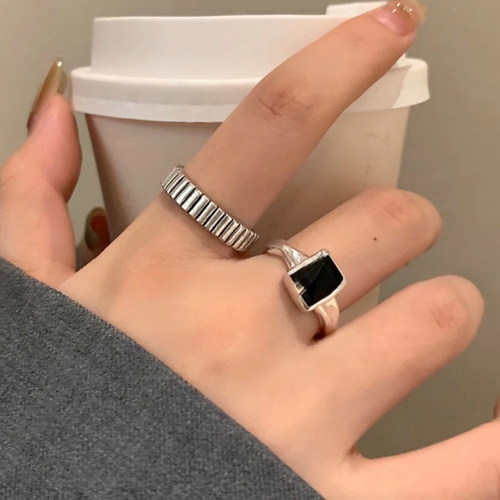 Retro black small design fashionable ring with stone with zircon