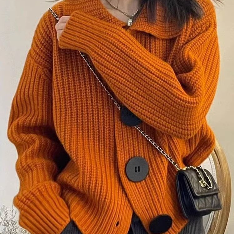 Pumpkin Orange 2025 Lapel Knitted Cardigan Sweater Jacket Women's Autumn and Winter French Retro Style Loose European Jacket