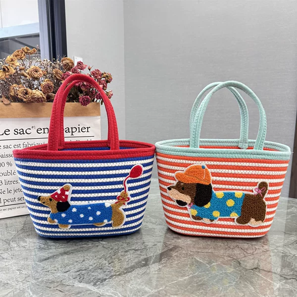 Outdoor Cotton Rope Dachshund Woven Bag Bucket Tote Bag Large Capacity Household Woven Shoulder Gift Basket Bag
