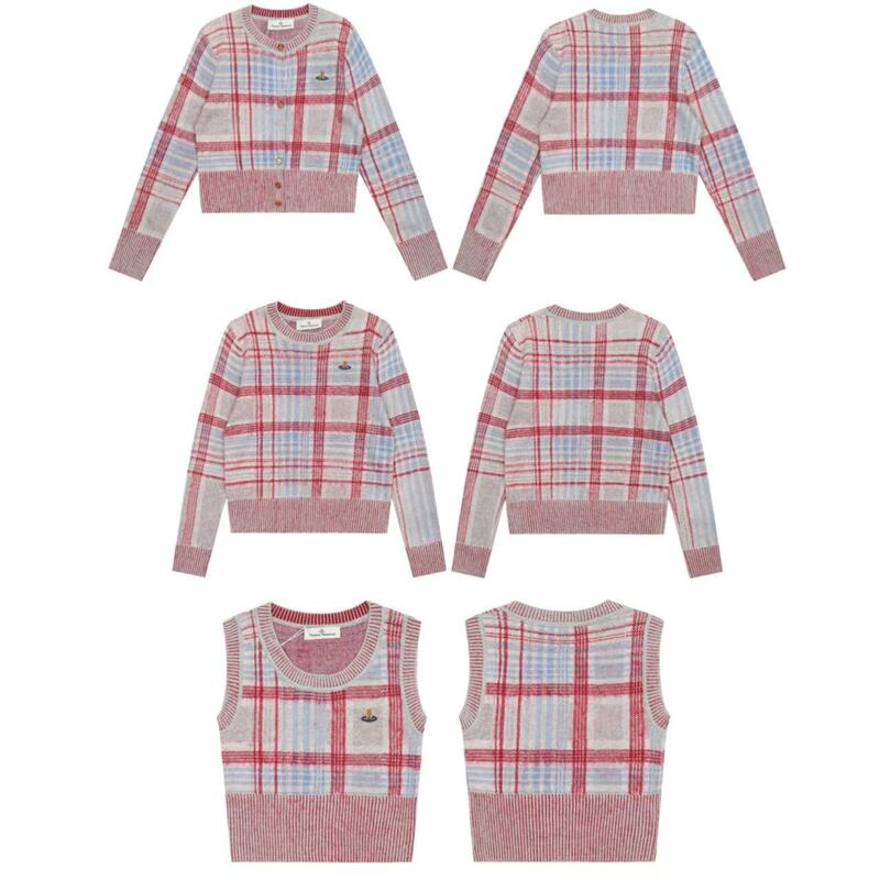 Vivi Saturn Queen Mother Plaid Vest Cardigan Round Neck Sweater Retro Temperament Knitted Top Plaid Autumn Vivi Saturn Queen Mother Plaid Vest Cardigan Round Neck Sweater Retro Temperament Knitted Top Plaid Autumn