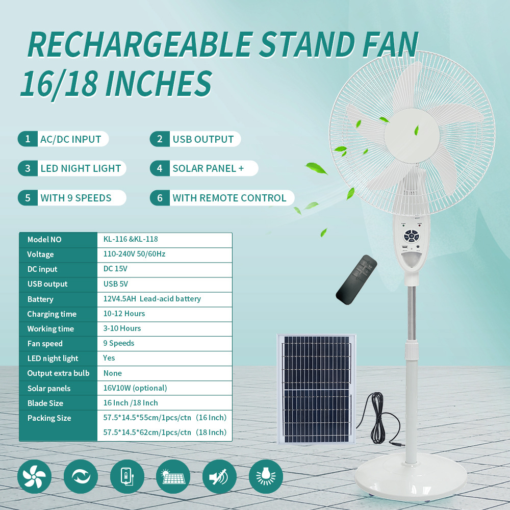 Ventas calientes de 16 pulgadas del sudeste asiático y Oriente Medio 12V5AH batería de plomo - ácido AC ventilador de carga DC con panel solar