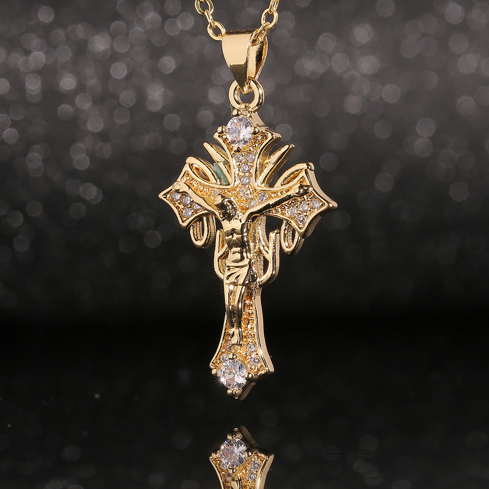 Religious Copper Inlaid Zircon Cross Pendant Jesus Design Necklace Clavicle Chain display picture 4