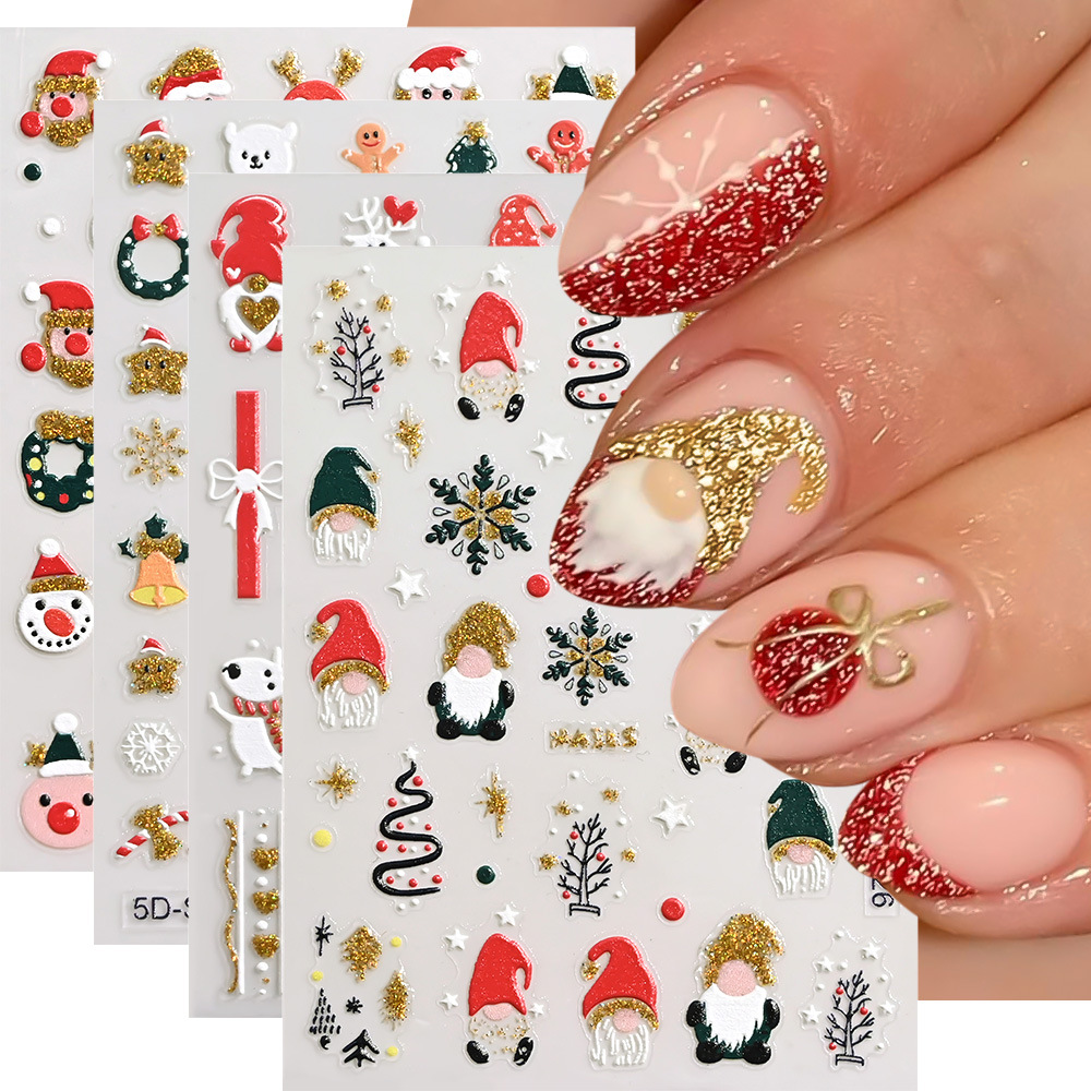 Christmas Glitter Powder Embossed Nail Art Stickers Christmas Old Man Christmas Tree Innovative Glitter Powder 5D Embossed Stereo Nail Art Stickers