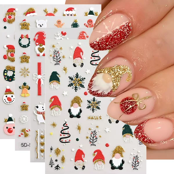 Christmas Glitter Powder Embossed Nail Art Stickers Christmas Old Man Christmas Tree Innovative Glitter Powder 5D Embossed Stereo Nail Art Stickers