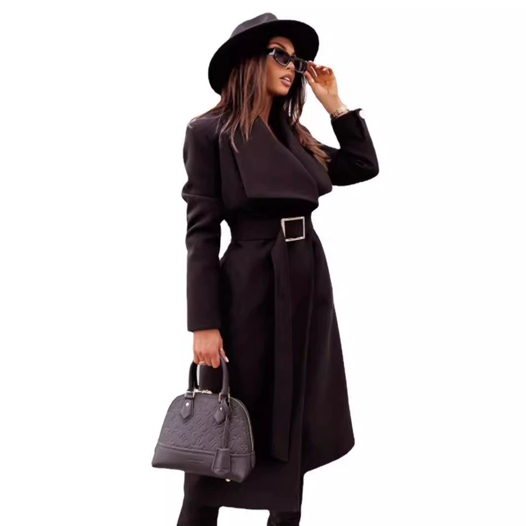Demi-season long-sleeve, belt, woolen coat, jacket, 2022, wish, Amazon, simple and elegant design, V-neckline