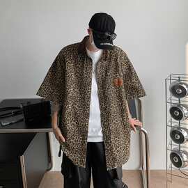 美式复古vintage豹纹Polo领衬衫短袖T恤跨境男女潮牌炸街外套潮