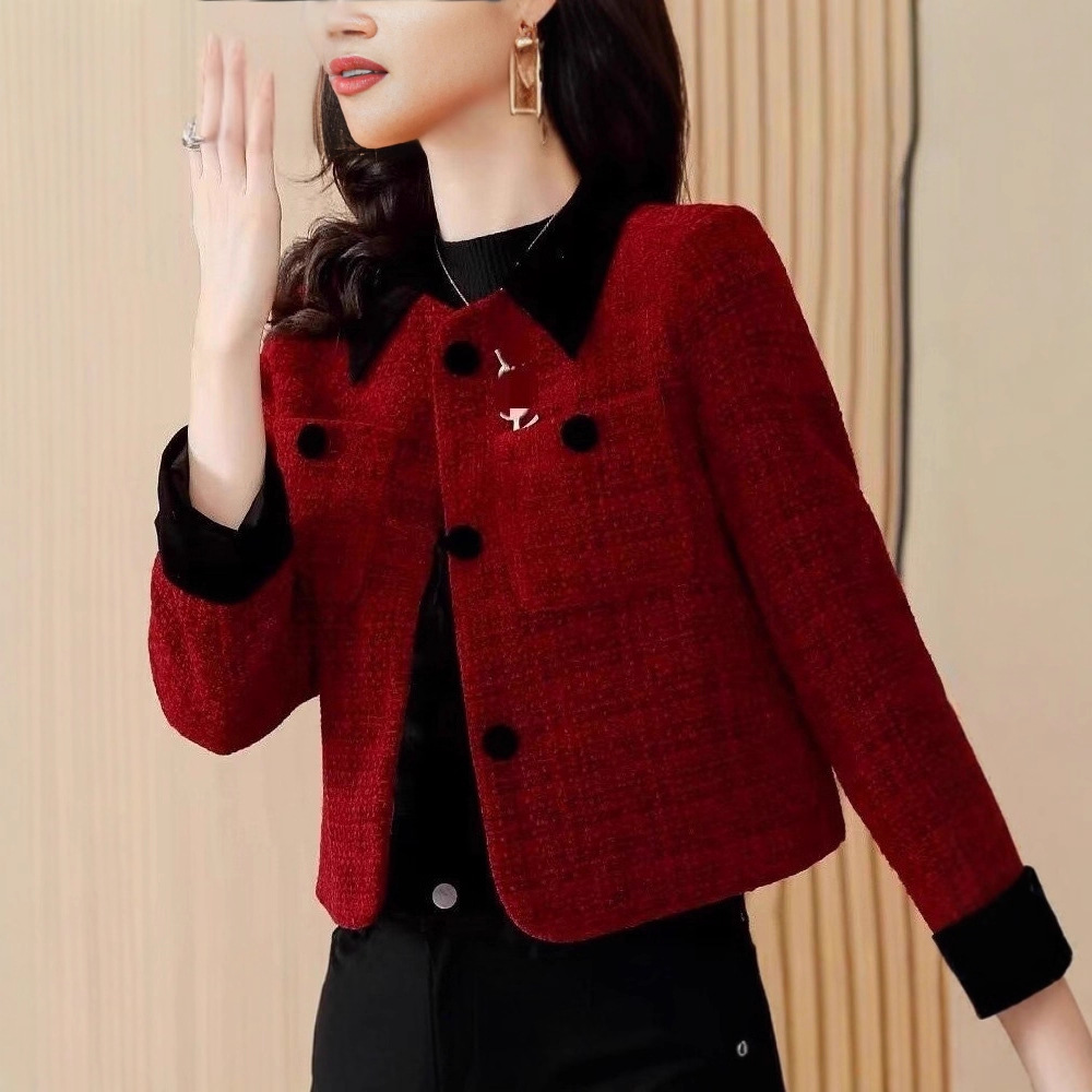 一件代发现货翻领小香风外套女秋冬新款高级名媛安哥拉红色毛呢女