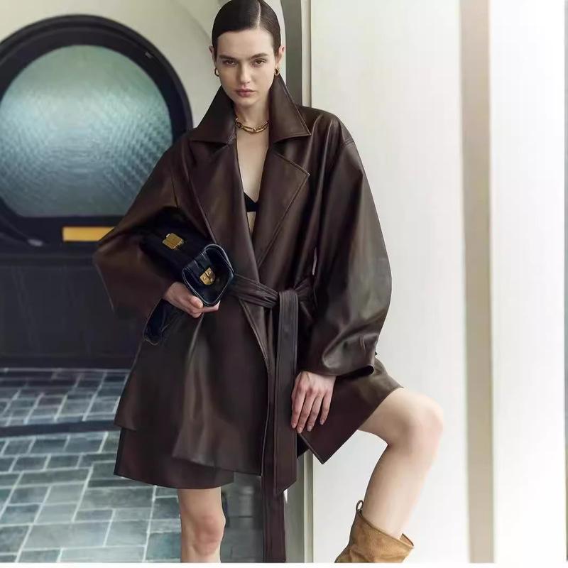 2026 Autumn/Winter New Haining Leather Coat Imported Vegetable-Tanned Lambskin Minimalist Old Money Style Turn-Down Collar Loose Fit Belted Genuine Leather Trench Coat 2026 Autumn/Winter New Haining Leather Coat Imported Vegetable-Tanned Lambskin Minimalist Old Money Style Turn-Down Collar Loose Fit Belted Genuine Leather Trench Coat