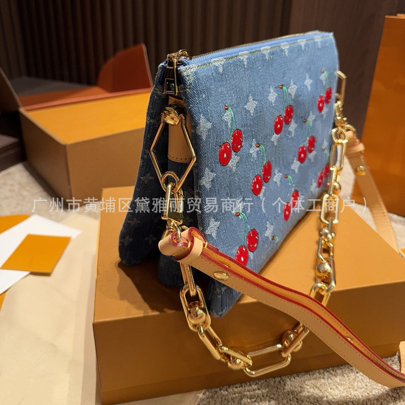 外贸爆款丹宁牛仔樱桃印花手提腋下包高级百搭单肩斜挎链条小方包|undefined