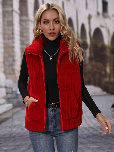 Fluffy Velvet Cross-Border European and American Style Autumn Women's Clothing Lapel Sleeveless Loose Striped Zipper Plush Casual Vest Jacket