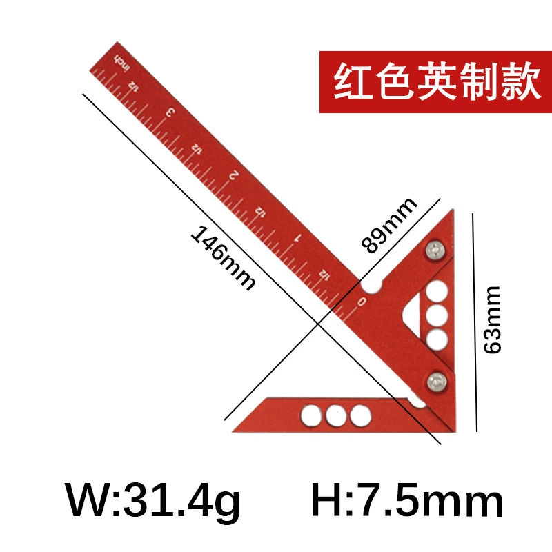 Red metric right angle movable backing ruler aluminum alloy triangle ruler 12-inch 90-degree light ruler measurement tool