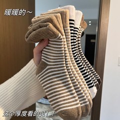 秋冬加絨加厚條紋毛圈襪 ins網紅款咖色日系堆堆女士襪子諸暨