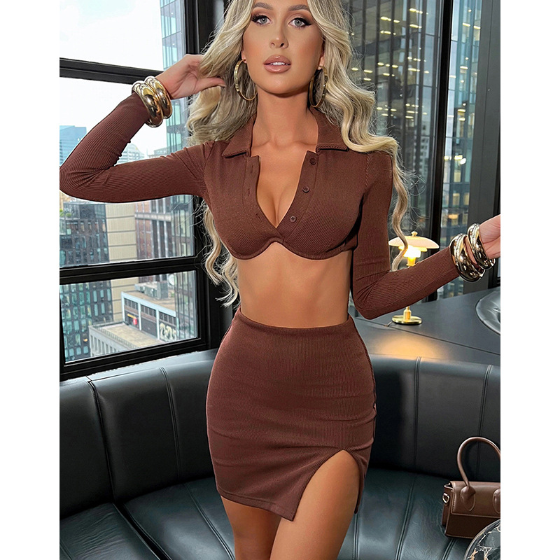 button solid color high waist lapel long-sleeved slim slit top and skirt suit NSHTL134404