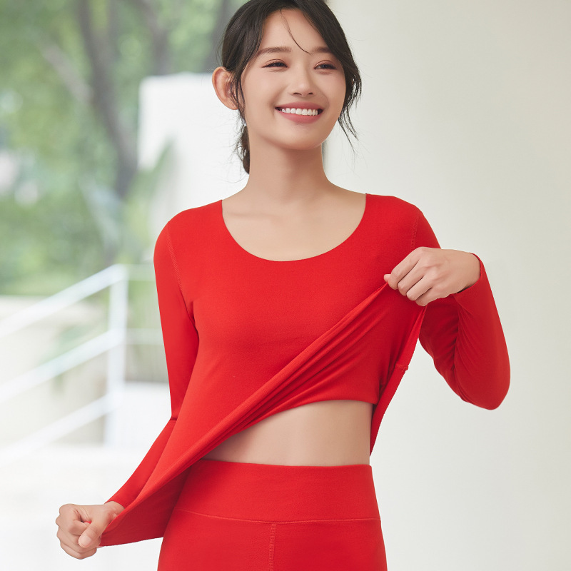 Big Red Autumn Clothes and Pants Women's Wedding Bride's Life Year Body Tight Thermal Underwear Thin Velvet Pajamas suit