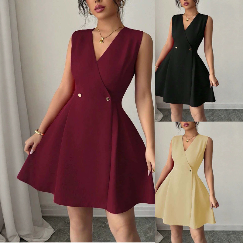 European and American Cross-Border Women's Clothing, New Summer Hot-Selling Solid Color V-Neck Double-Breasted Pleated Mini A-Line Dress in Stock European and American Cross-Border Women's Clothing, New Summer Hot-Selling Solid Color V-Neck Double-Breasted Pleated Mini A-Line Dress in Stock