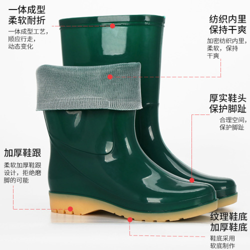 Women's Slip-Resistant, Fleece-Lined Mid-Center PVC Cowhide Sole Water Shoes, Kitchen Cleaning Waterproof Boots, Wholesale Rain Boots for Ladies
