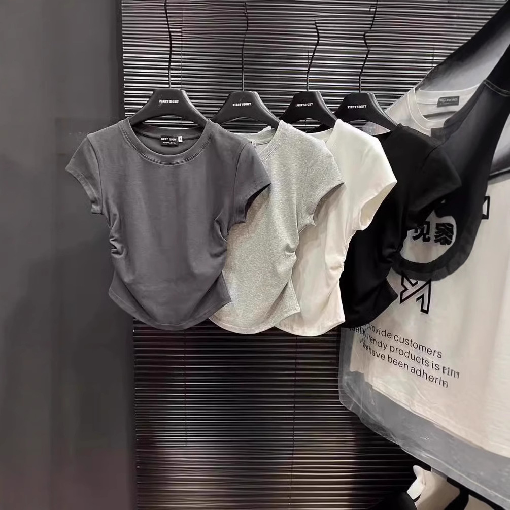 Spice Girls Chic Slim-fit Short-sleeved White T-shirt Women's American-style Elegant Niche Grey Top All-match Black Base Shirt