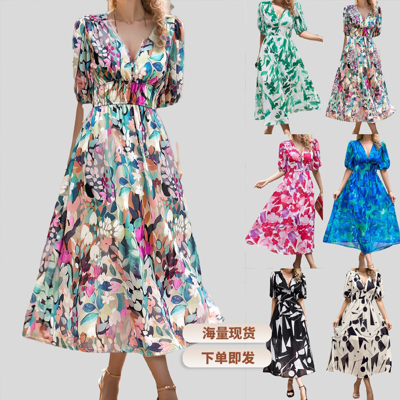 2024 New Cross-Border Floral Print V-Neck Suspender Dress, Exotic Bohemian Resort Style, Elegant Long Style