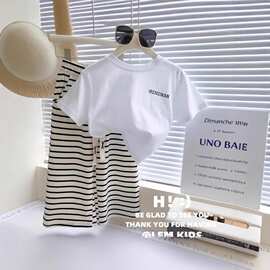 女宝宝时髦两件套夏季新款女童韩版字母短袖条纹阔腿裤休闲套