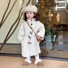 2025冬季新款 韩版童装 女童时髦牛角扣双面尼中长款连帽外套大衣