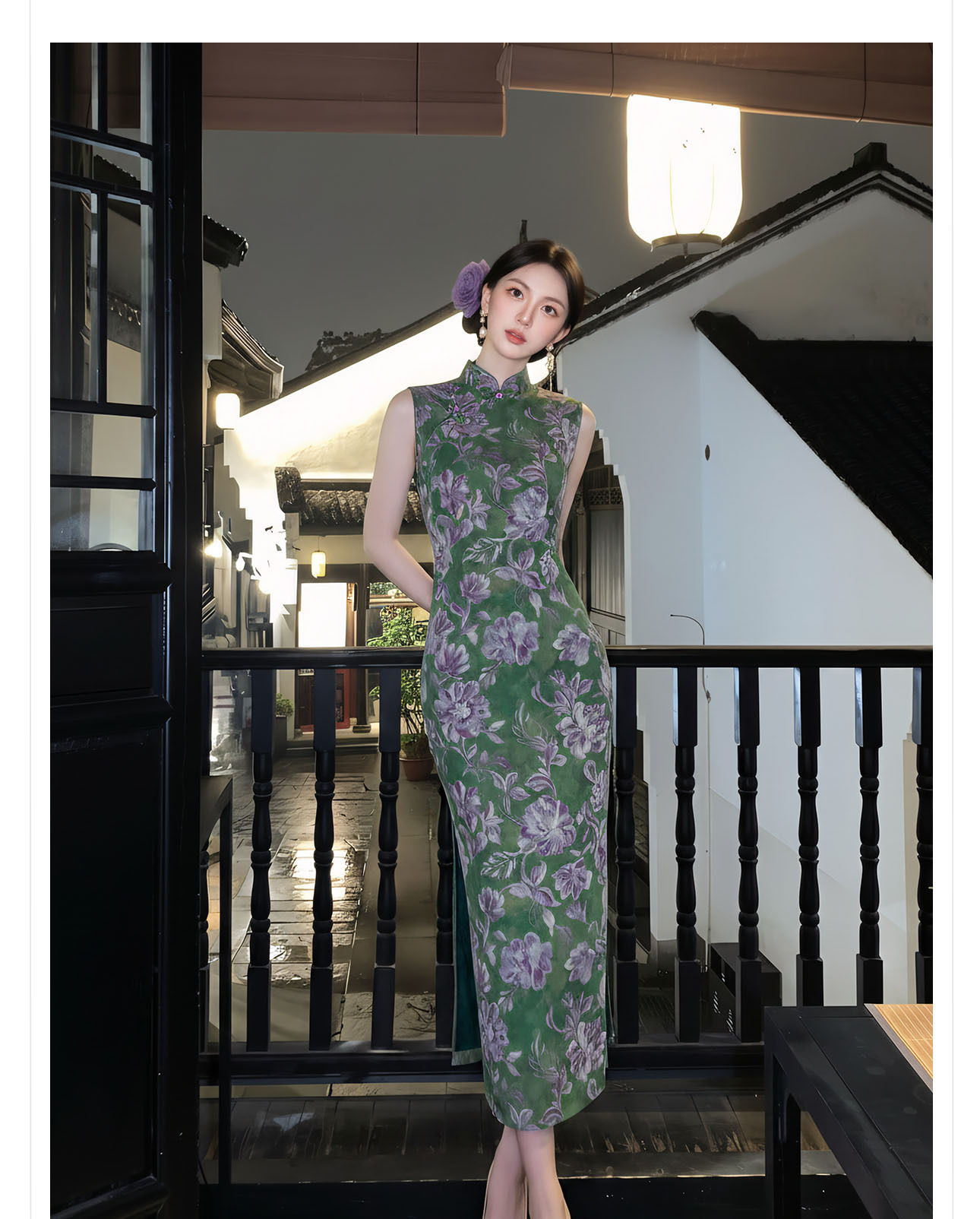 Đầm ôm body nữ dài tay in họa tiết hoa xanh cổ điển — xanh lá cây chi tiết 8
