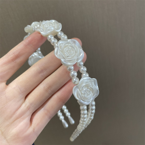 Sweet first love retro rose pearl headband niche Korean double-layer outing flower headband French women's headwear