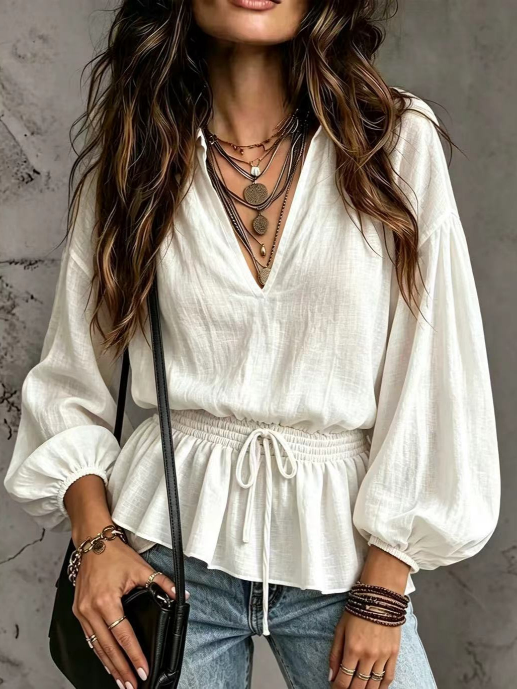 Cross-border European and American Amazon autumn new lace-up slim-fit stylish long-sleeve casual V-neck top shirt