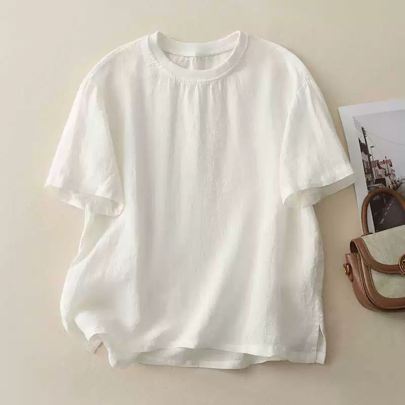 Ретро футболка с коротким рукавом, хлопок и лен, стиль leisure, размеры M–2XL