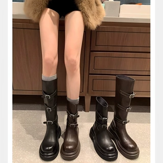 6cm不过膝长靴女皮带扣瘦瘦长筒靴西部马丁靴粗跟骑士靴美拉德