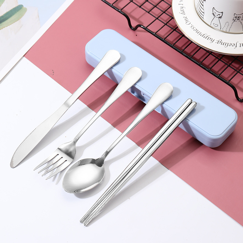Stainless steel portable cutlery set with knife, fork, spoon, chopsticks, storage box, student outdoor travel kit, corporate gift