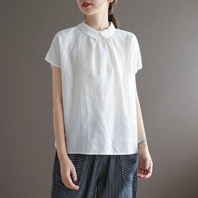 Summer New Ramie Solid Color Small Lapel Artistic Top with Shoulder Short Sleeve Back Button 8336 Summer New Ramie Solid Color Small Lapel Artistic Top with Shoulder Short Sleeve Back Button 8336