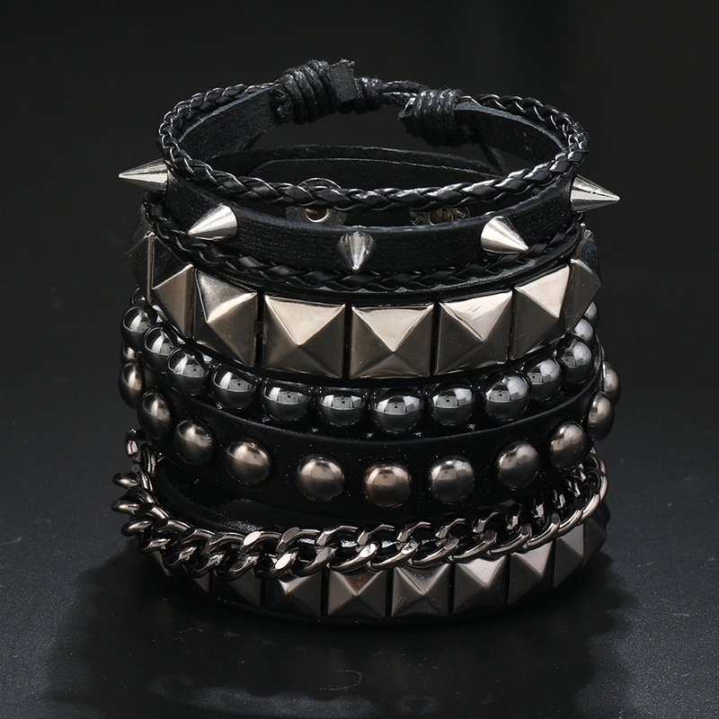 New Cross-border Hot Selling Skull Five-pointed Star Alloy Accessories Four-piece Cowhide Bracelet Amazon AliExpress New Cross-border Hot Selling Skull Five-pointed Star Alloy Accessories Four-piece Cowhide Bracelet Amazon AliExpress