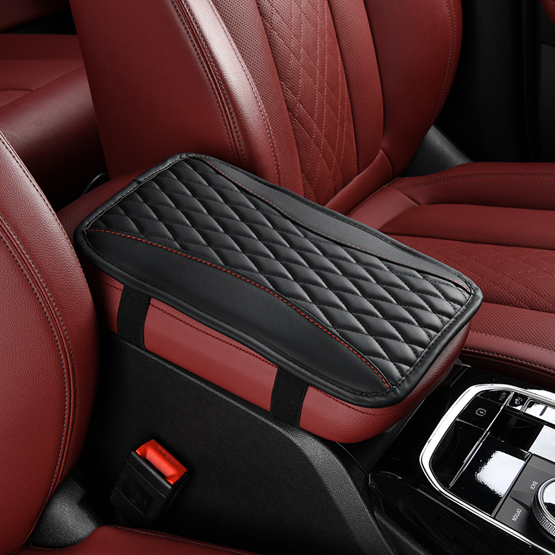 Universal Universal Car Armrest Pad PU Leather Embroidery Center Console Cover (Armrest box pad) - two-tone-black-black-no-side-pocket