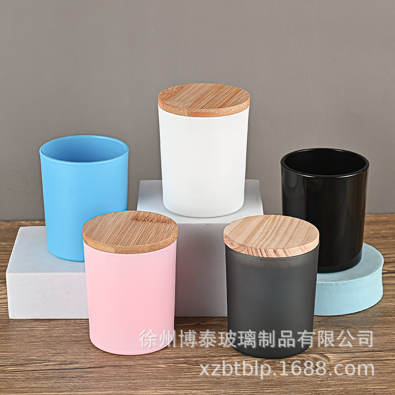 现货玻璃耐高温香薰蜡烛杯竹木盖玻璃烛台玻璃杯多色彩DIY蜡烛杯