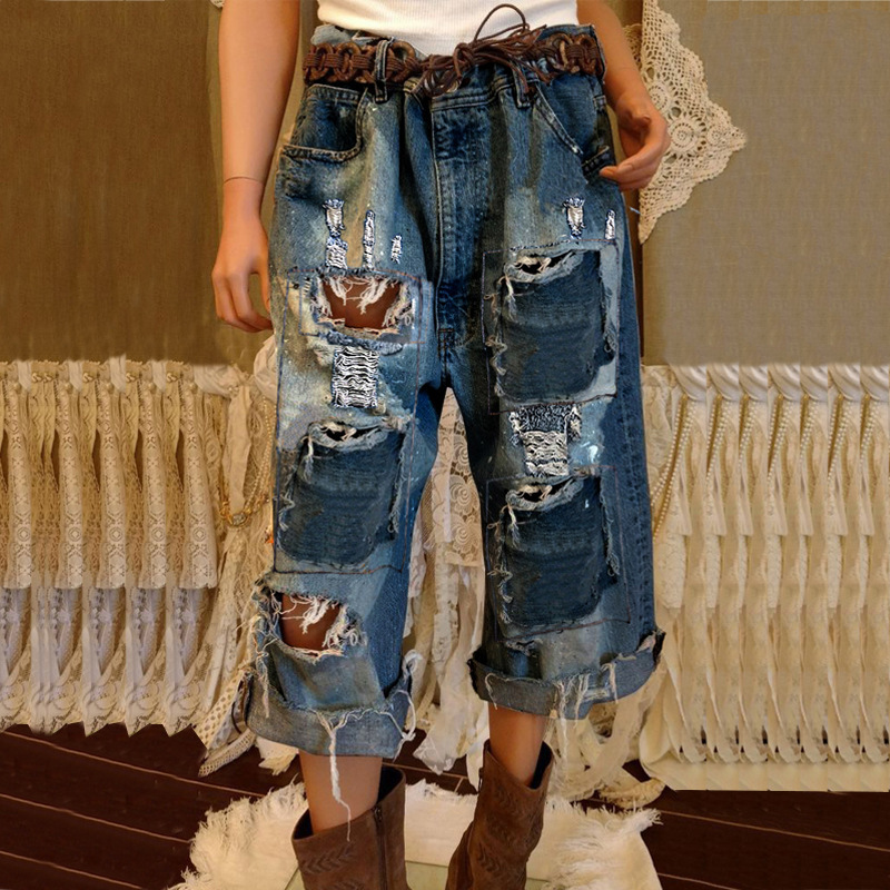 2536 Ripped Tassel Wide Leg Western Retro Jeans European and American Foreign Trade Women's Loose Ripped Eight-point Jeans