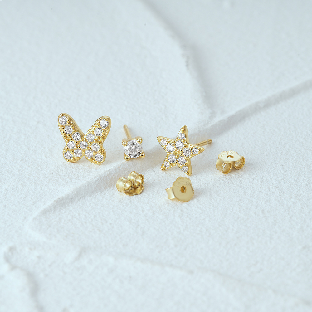 3g Weight Ear Studs Classification 1 Set Quantity Daily Occasion 925 Sterling Silver Material Star, Butterfly Pattern Women's Gender Plating Design Simple Style Style 1 Set 925 Sterling Silver Star Butterfly Ear Studs 102
