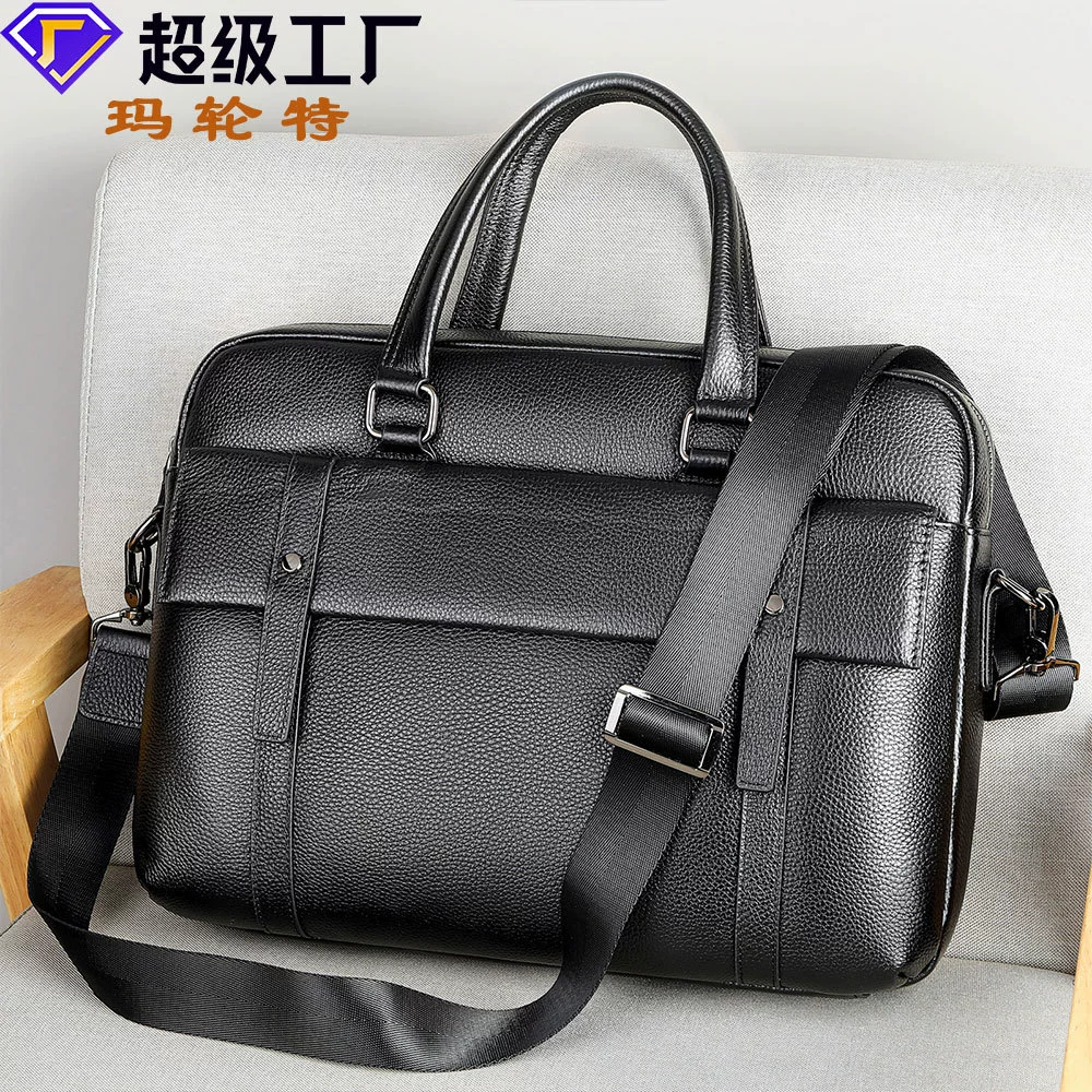 Capacious leather laptop, shoulder bag, genuine leather, business version