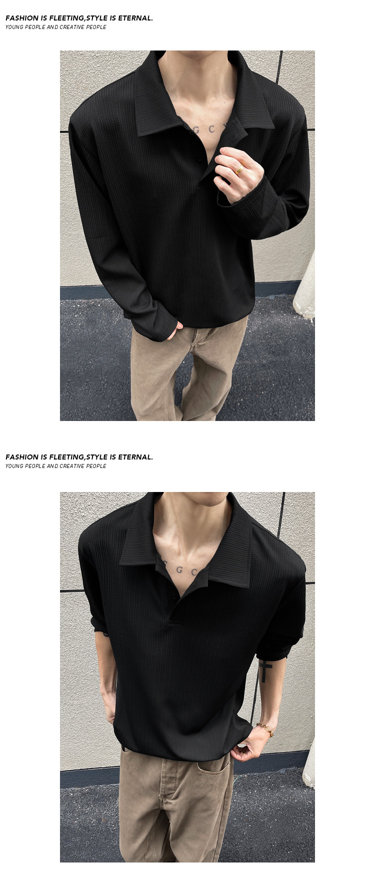 Men's Wrinkled Texture Long-sleeved Polo Shirt Solid Colour Base_voghion.com