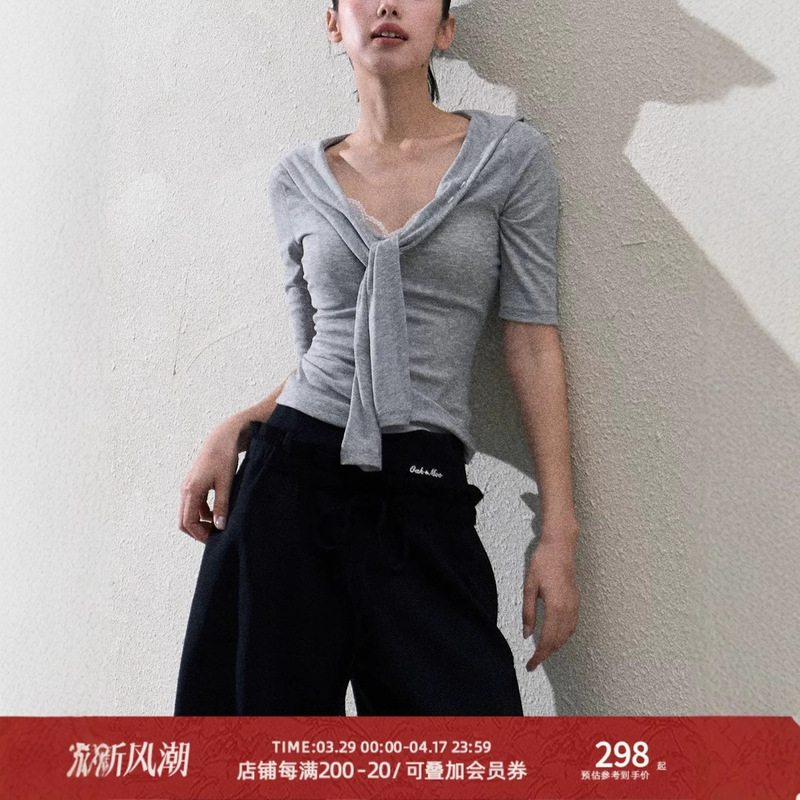 Oakmoo Bas/Original Perceptibility Tencel Tie Knot Slim Waist V-Neck Half Sleeve/Sleeveless T-Shirt Top